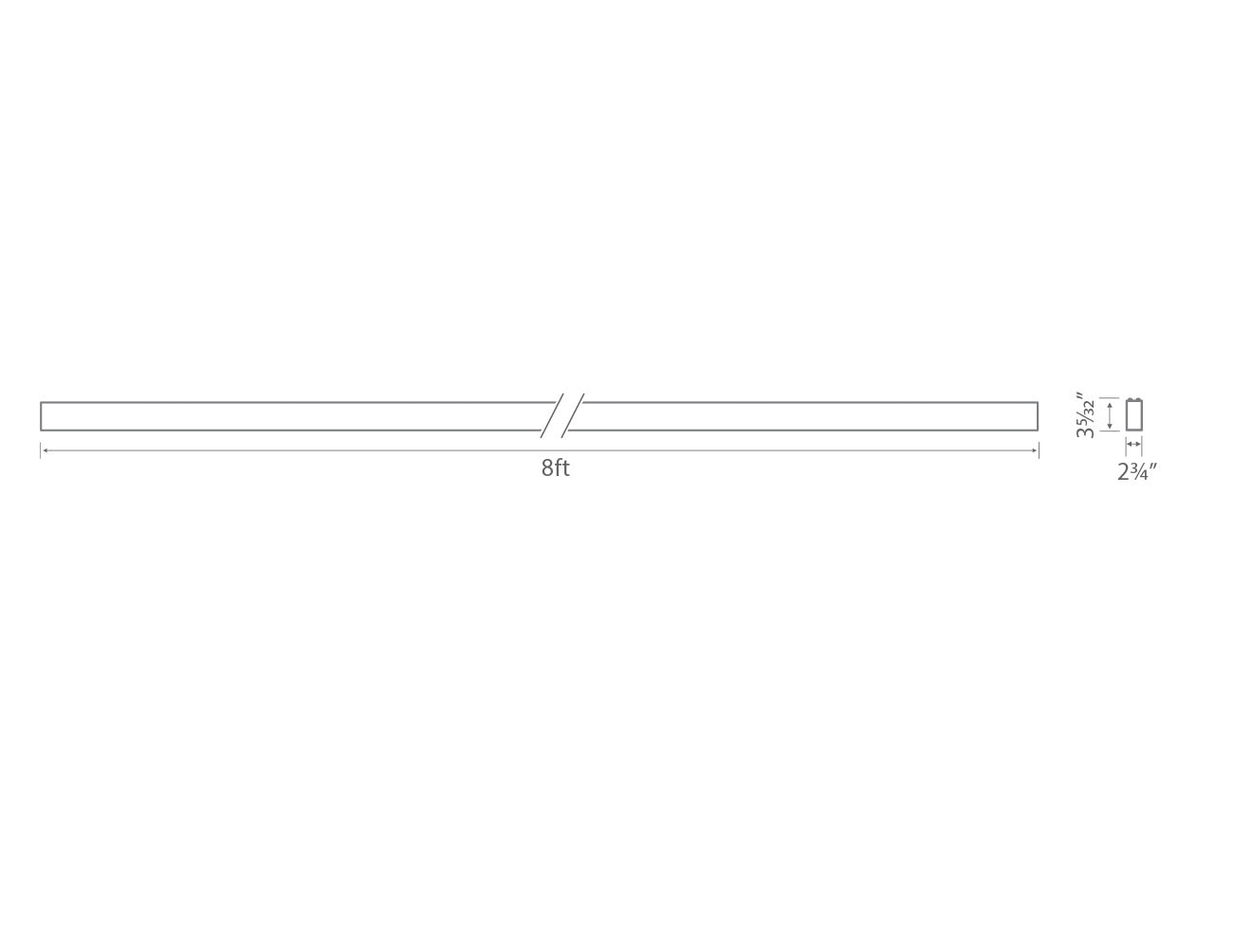 Dimensions of GL LED L8070 8ft linear light fixture.