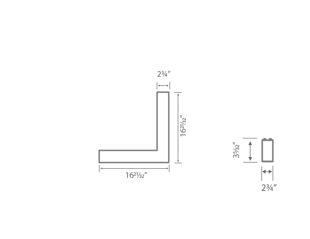 Dimensions of GL LED L8070 up and down continuous run L-shaped linear light fixture.