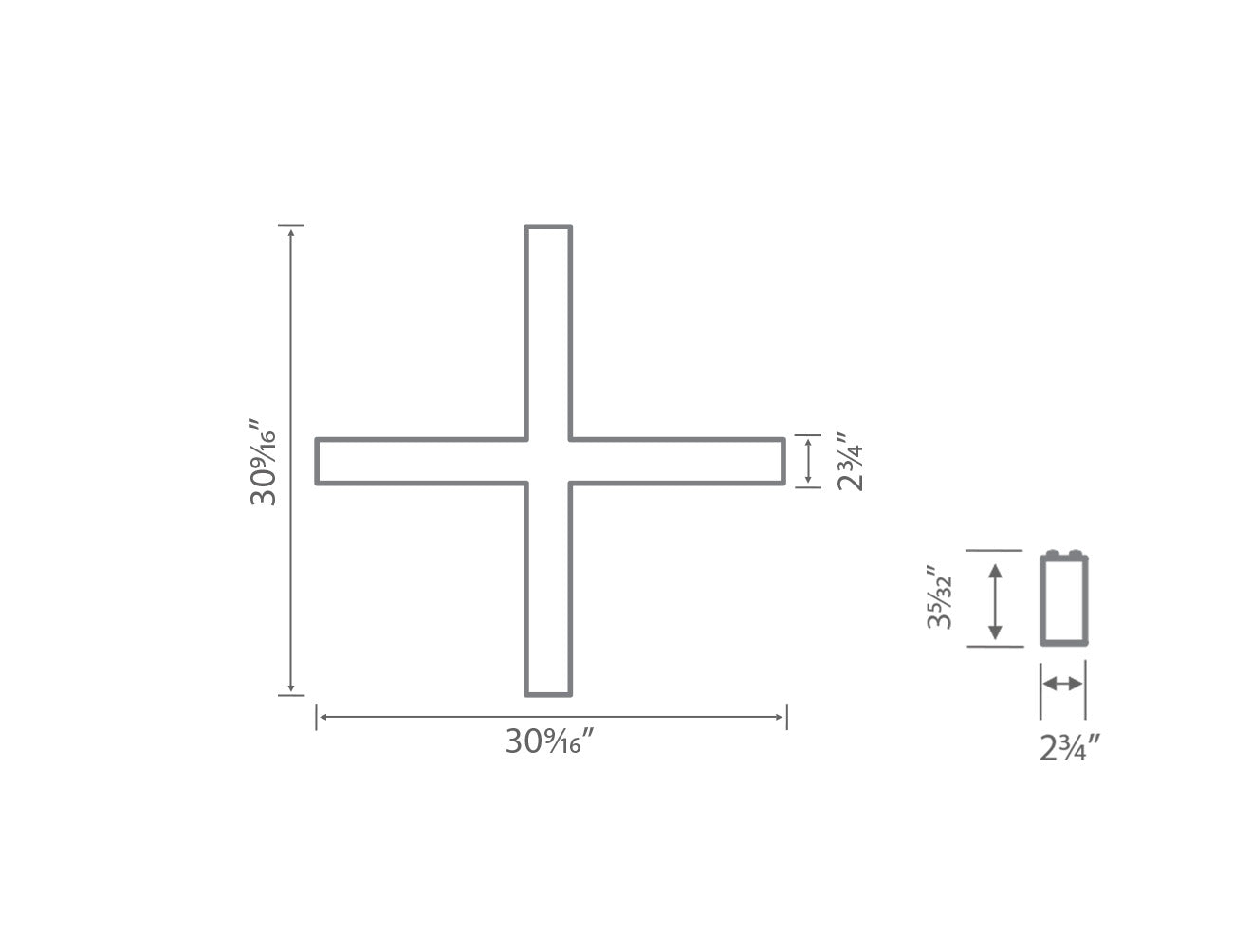 Dimensions of GL LED L8070 X-shaped linear light fixture.