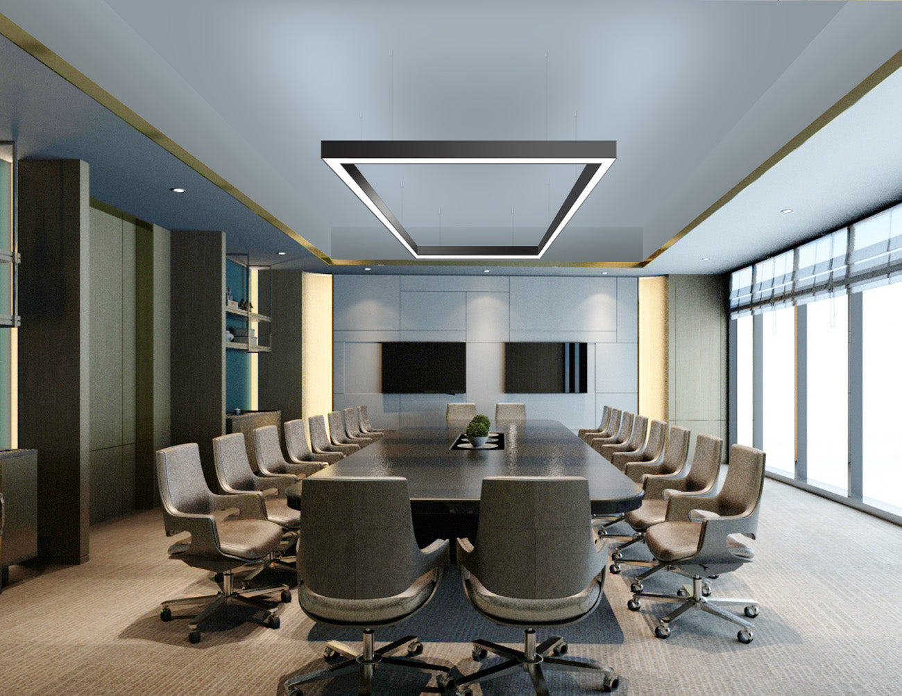 A black squared-shaped suspended linear light fixture made by GL LED L8070 L-shaped and 4ft straight linear light fixtures illuminate a large meeting room.