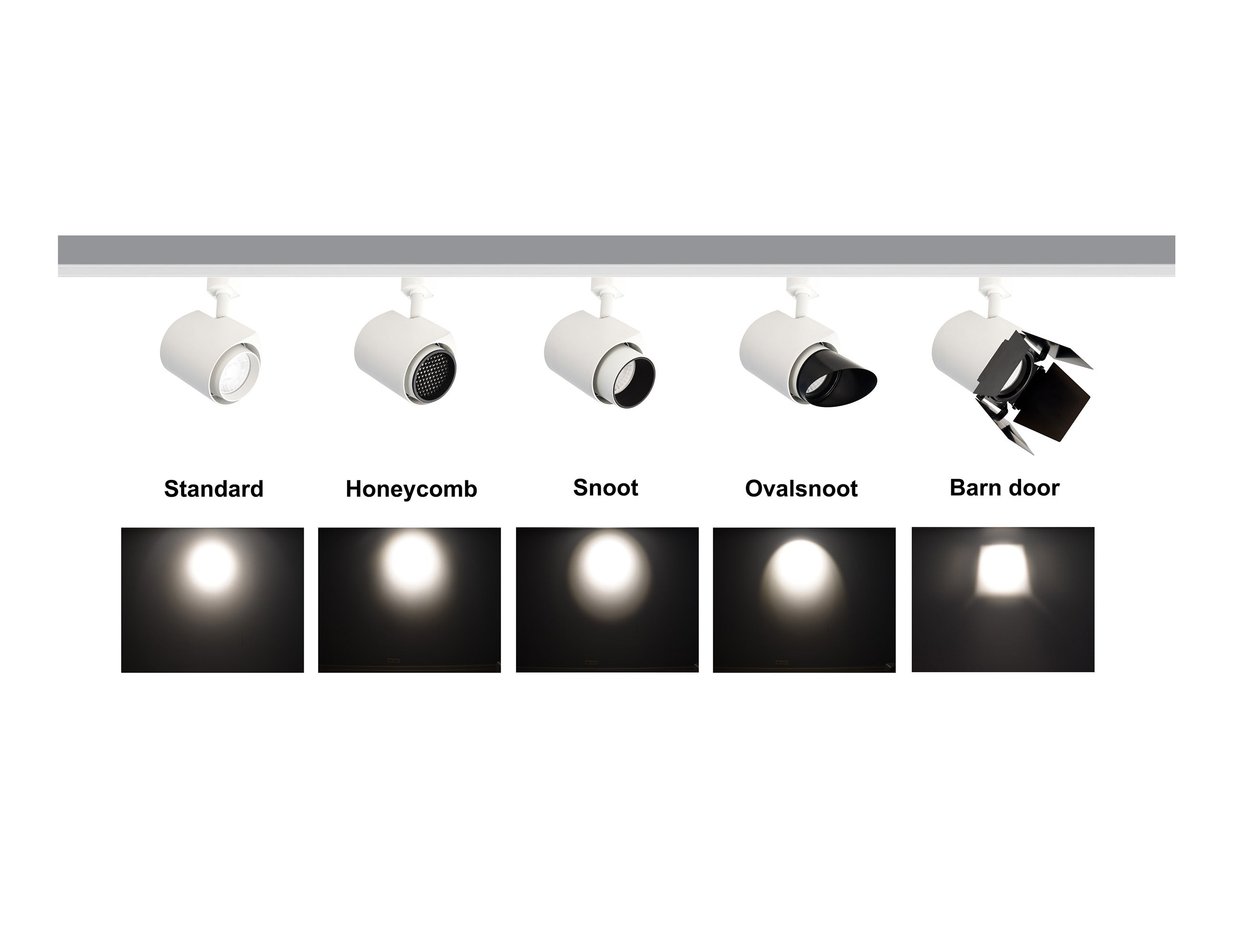 This comparative image illustrates the variations in lighting effects between a standard track light and different accessories, including track lights with honeycomb attachments, snoots, ovalsnoots, and barn doors.