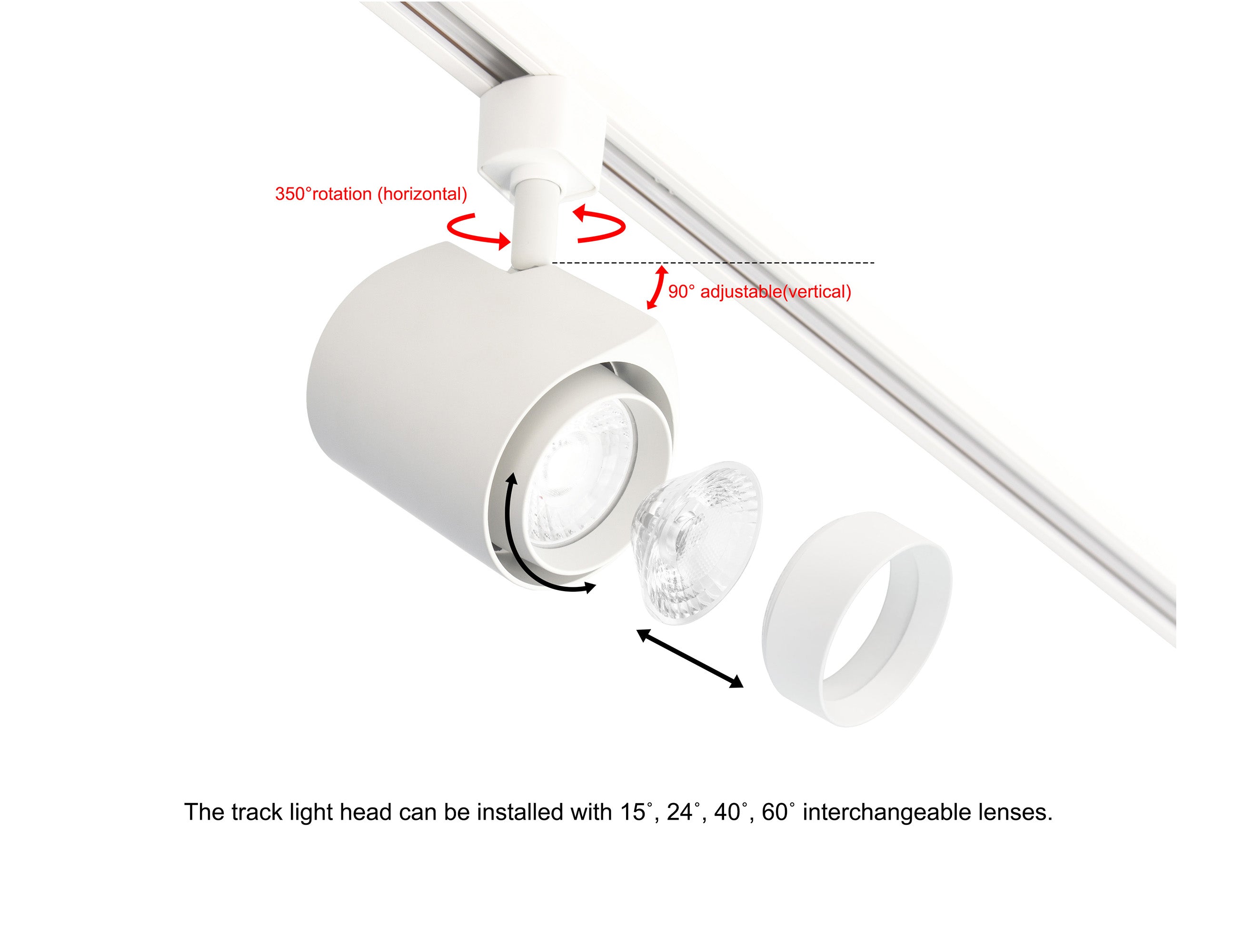 The image shows that the standard 34W 4000K track light in white color can easily adjust lighting direction vertically (0-90°) and horizontally (0-360°). Interchangeable lenses are available to change lighting beam angles to 15°, 24°, 40°, and 60°.