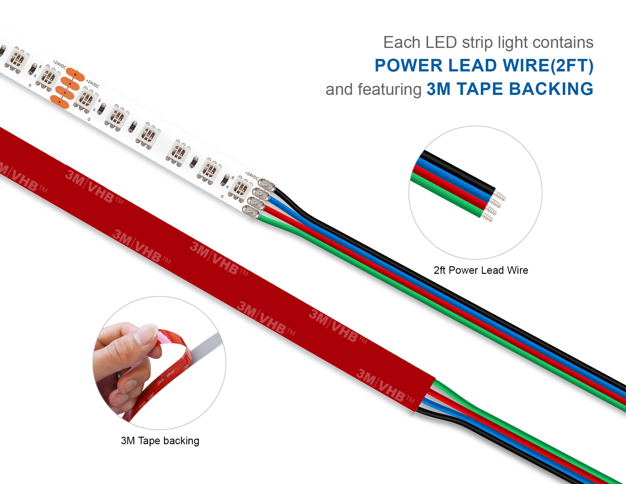 LED strip light with pre-applied 3M adhesive backing for hassle-free installation in home, office, or commercial spaces.