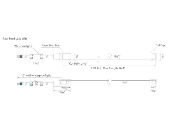 Dimensions for the waterproof SWIMMING POOL Series 24VDC low voltage dimmable RGB LED strip lights.