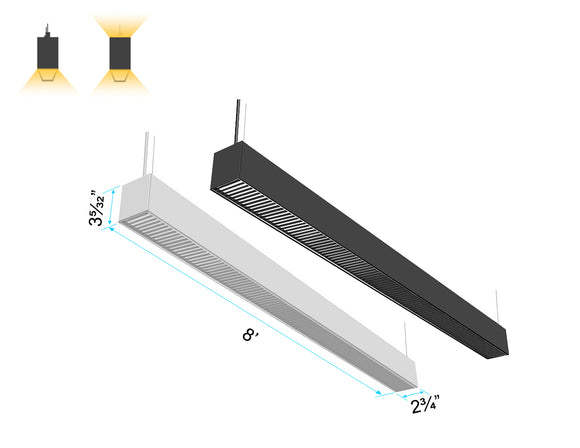 GL L8070 8ft architectural linear light with anti-glare Louver Lens, shown in black and white finishes, with adjustable light direction.