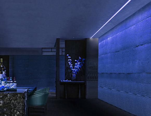 A recessed aluminum fixture is installed near the wall edge of the restaurant ceiling.  The minimalist, concealed design blends seamlessly into the space.