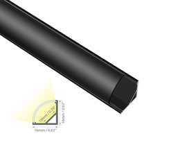 Cross section view of aluminum channel round corner GLQ 1616 black channel with black diffuser, showing its dimension and light glowing directions.