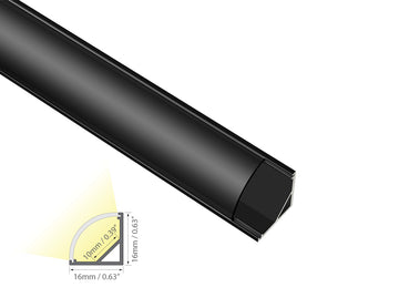 Cross section view of aluminum channel round corner GLQ 1616 black channel with black diffuser, showing its dimension and light glowing directions.