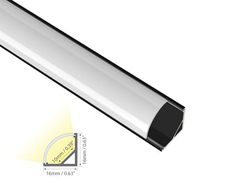 Cross section view of aluminum channel round corner-S YD 1002 black channel with milky diffuser, showing its dimension and light glowing 