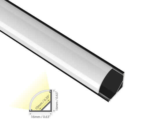 Cross section view of aluminum channel round corner-S YD 1002 black channel with milky diffuser, showing its dimension and light glowing 