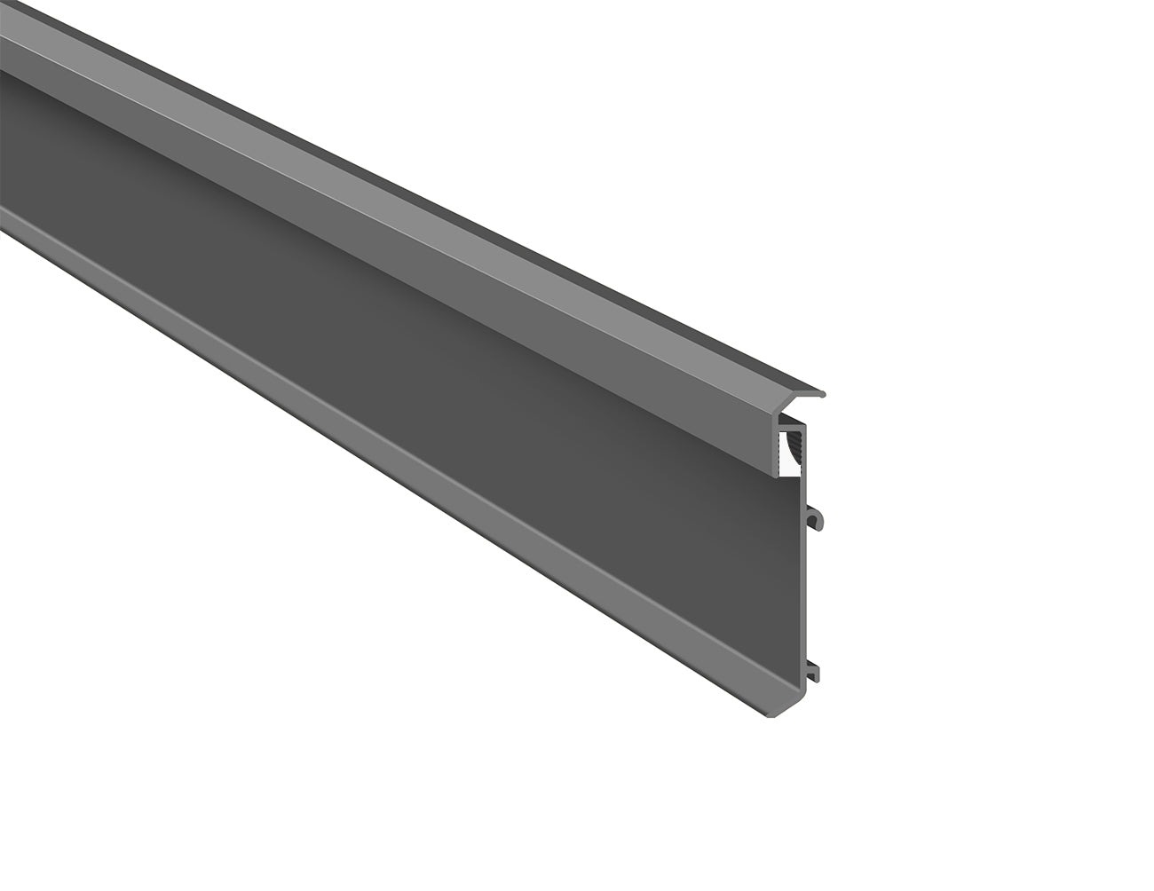 Grey aluminum profile for 3/16" LED strip lights in baseboard lighting setup