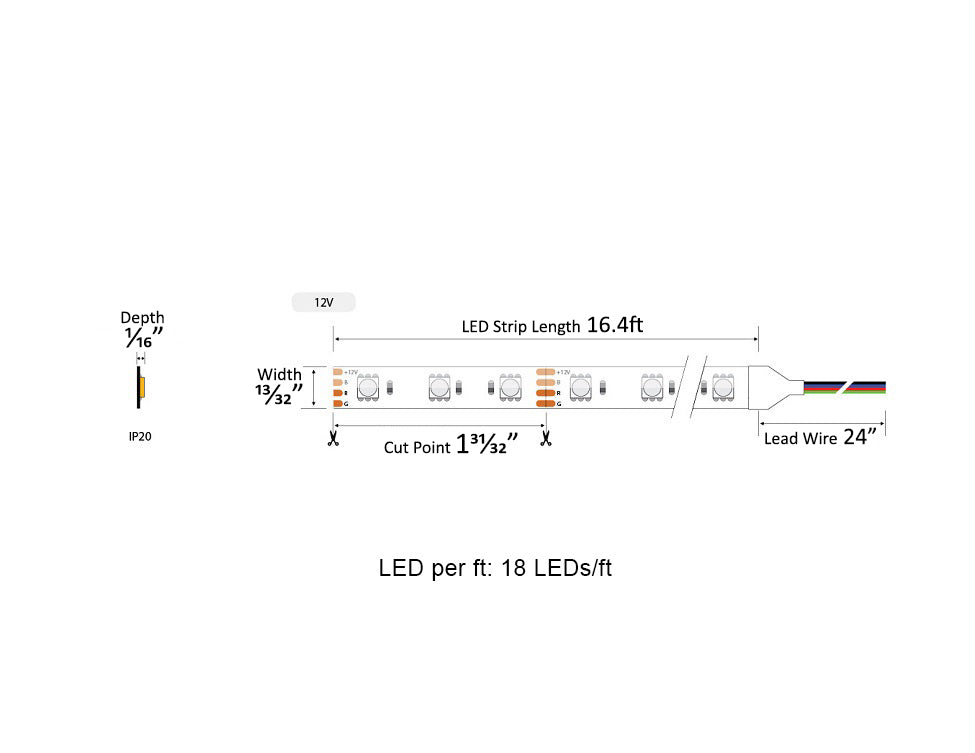 Dimensions for the High Bright Series 24VDC low voltage dimmable RGB LED strip lights.