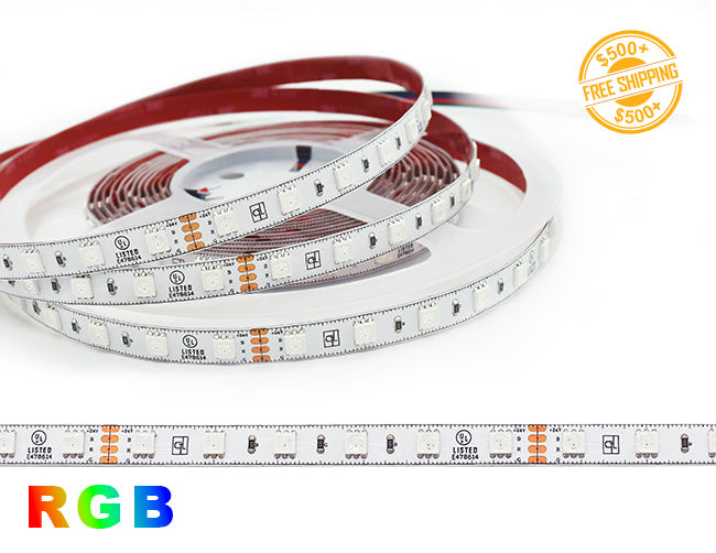 High Bright Series 24VDC low voltage RGB LED strip lights and a label for free shipping on orders over $500.