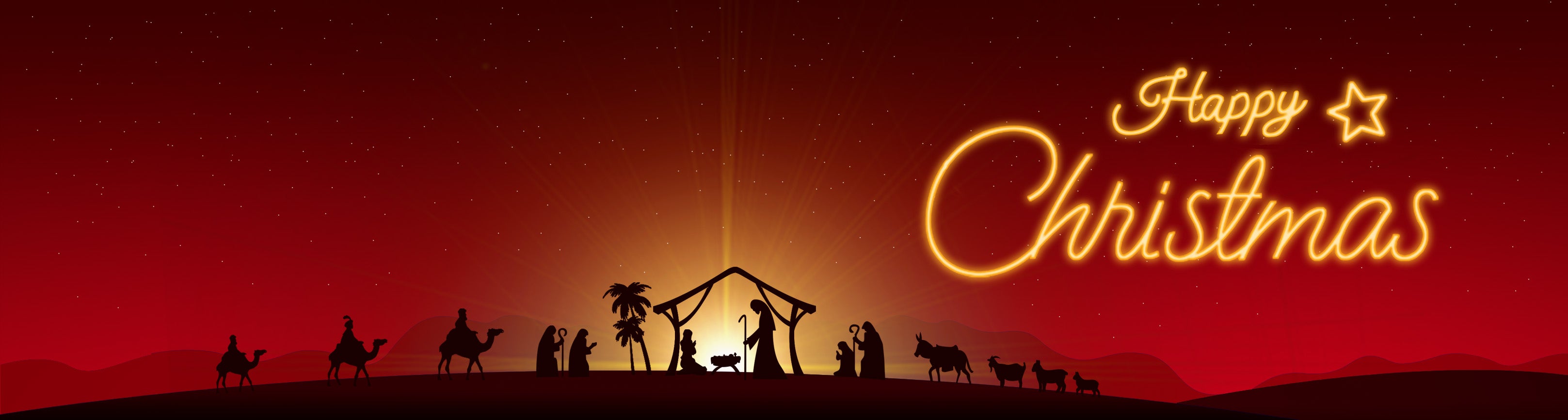 Christmas LED lighting design image featuring glowing holiday lettering and a nativity silhouette on a red festive background, showcasing warm and bright festive illumination