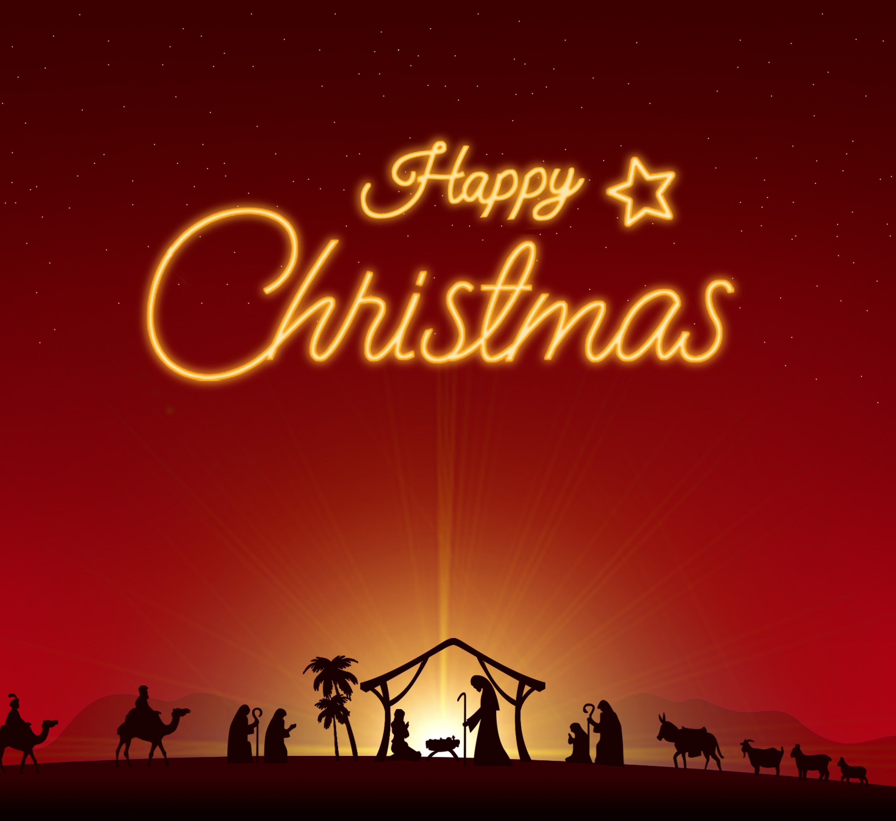 Illustration of a traditional nativity scene with silhouettes against a radiant red sky, including the manger with Mary, Joseph, and baby Jesus, the guiding star above, palm trees, and the three wise men on camels approaching. Above the scene, the words 'Happy Christmas' glow brightly in a cursive neon light effect, under a starry night sky.
