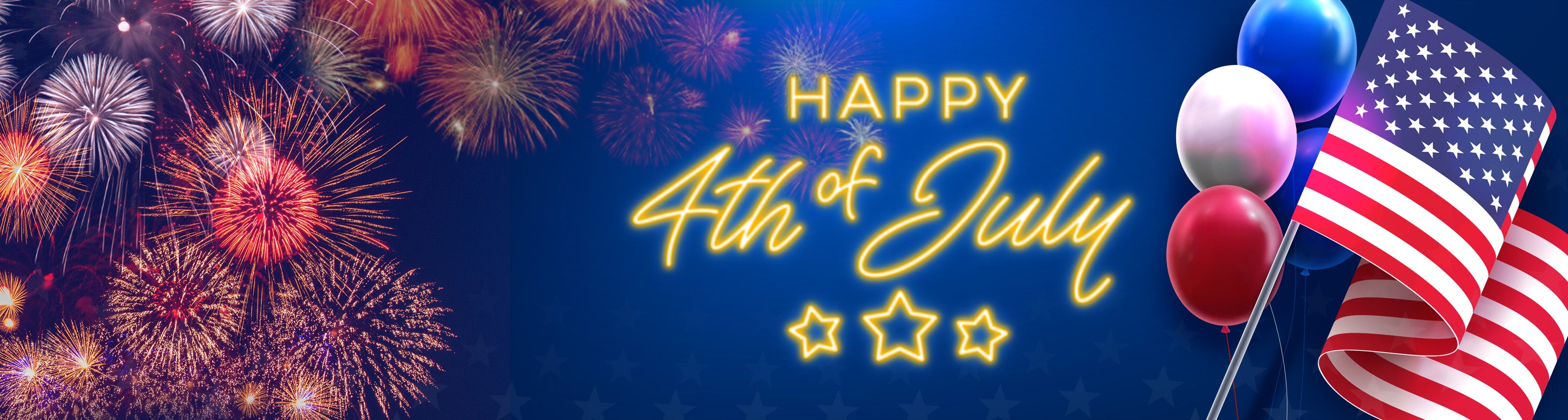 Happy 4th of July banner featuring colorful fireworks, American flags, and patriotic balloons celebrating U.S. Independence Day | GL LED US Lighting
