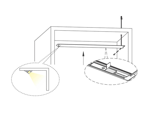 Clip the installation brackets into the lamp body, and take off 3M tape film from installation brackets. Stick the lamp .
body into cabinet board.