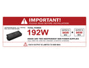 Important installation notice for GL LED 192W 24V LED dimmable driver showing dual independent 96W outputs, with each output channel limited to a maximum of 96W.