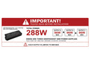 Important installation notice for GL LED 288W 24V LED dimmable driver showing three independent 96W outputs, with each output channel limited to a maximum of 96W.