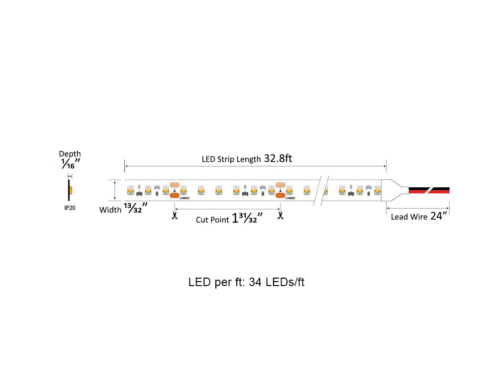 Dimensions for the INFINITE Series 24VDC low voltage dimmable LED strip lights.