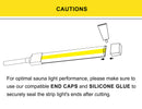 A diagram showing how to use one of the available types of endcaps to connect segments and preserve waterproof properties of wet rated LED strip lights for various lighting design needs and easy installation.