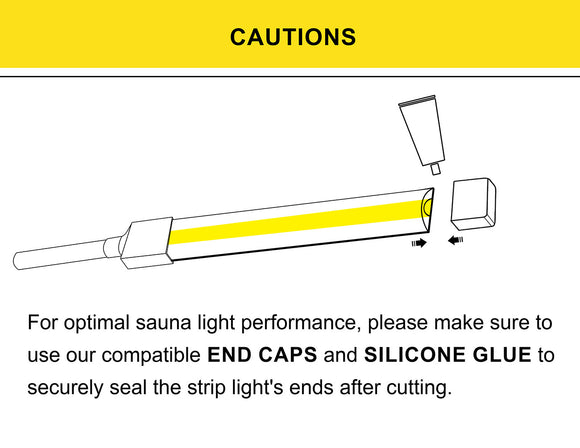 A diagram showing how to use one of the available types of endcaps to connect segments and preserve waterproof properties of wet rated LED strip lights for various lighting design needs and easy installation.