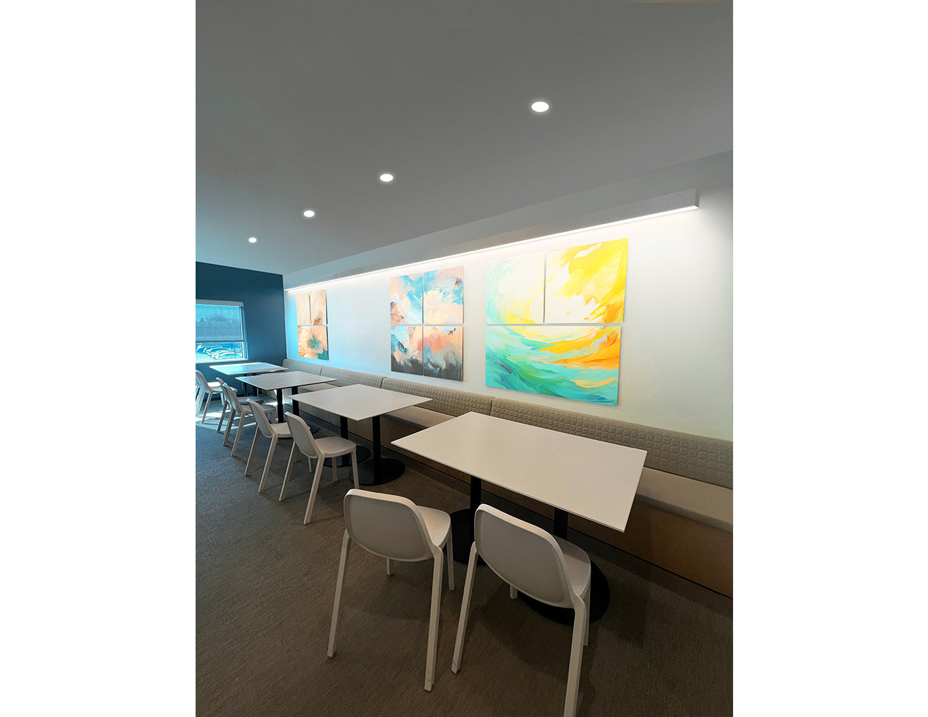 Professional wall wash lighting with L8070 LED linear light in restaurant interior, enhancing wall texture and highlighting hanging artworks
