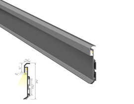 SHALLOW SKIRT grey aluminum LED channel with milky silicone cover installed on baseboard