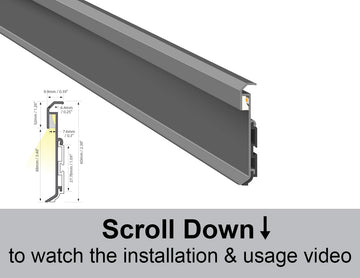 SHALLOW SKIRT grey aluminum LED channel with milky silicone cover installed on baseboard