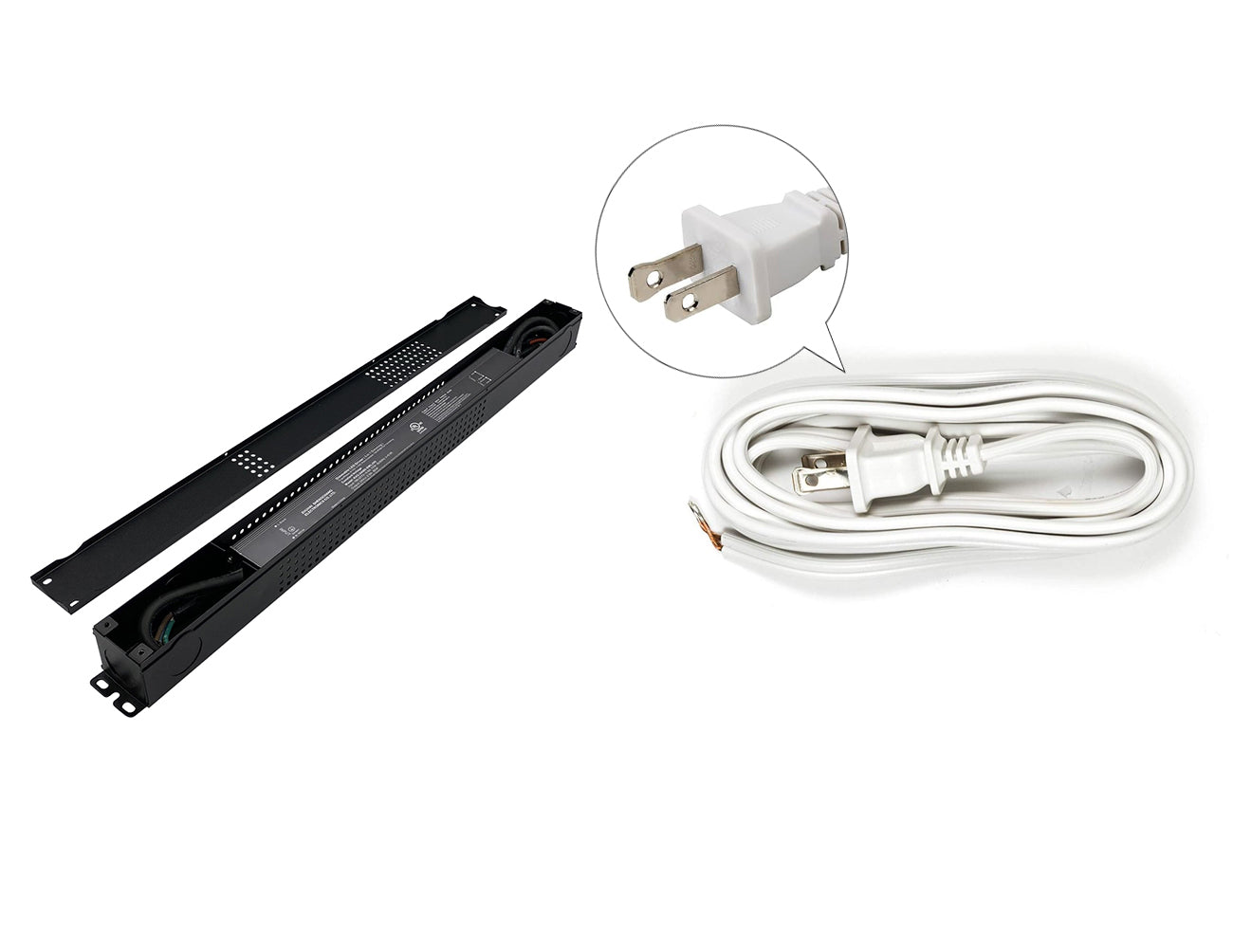 An open view of a G Slim Series 24v 150w dimmable LED transformer with a two-prong power cord.