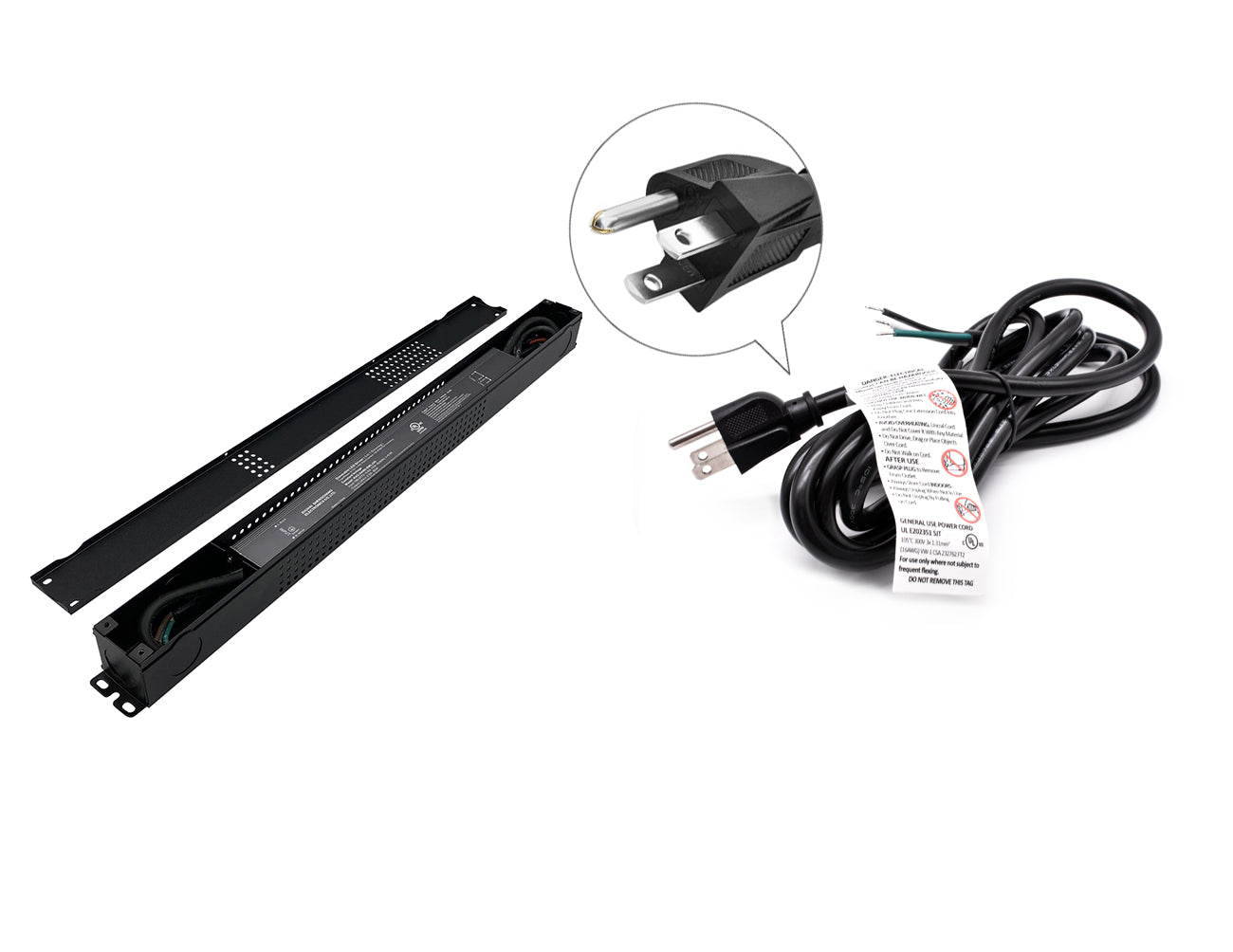 An open view of a G Slim Series 24V 150W dimmable LED driver with black three-prong power cord for line voltage.