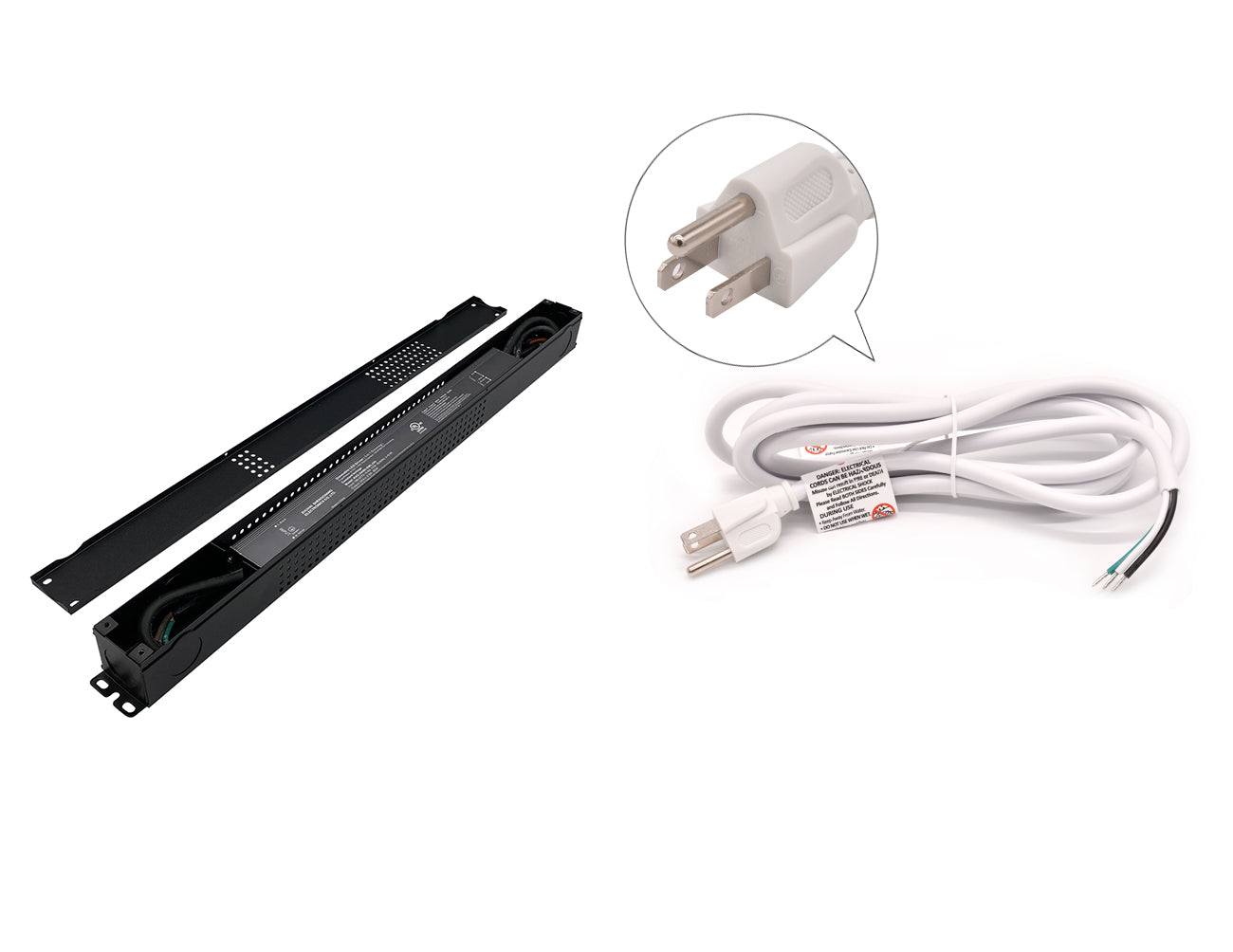 An open view of a G Slim Series 24v 150w dimmable LED power supply with white three-prong power cord for 120VAC.