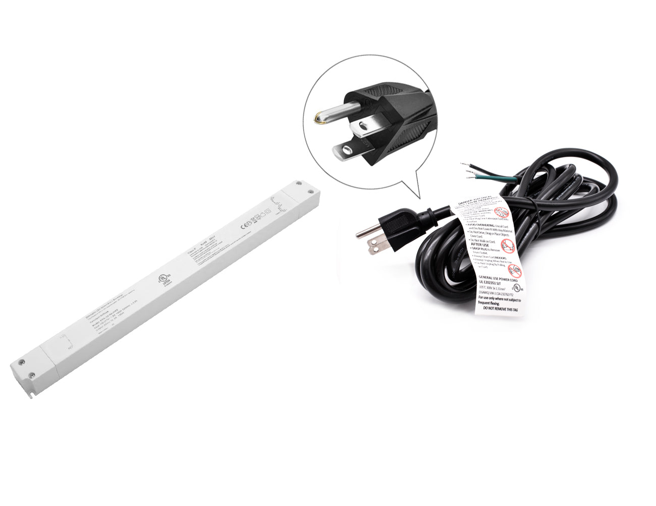G Slim Series 24v 150w dimmable LED driver with a three-prong power cord for line voltage.