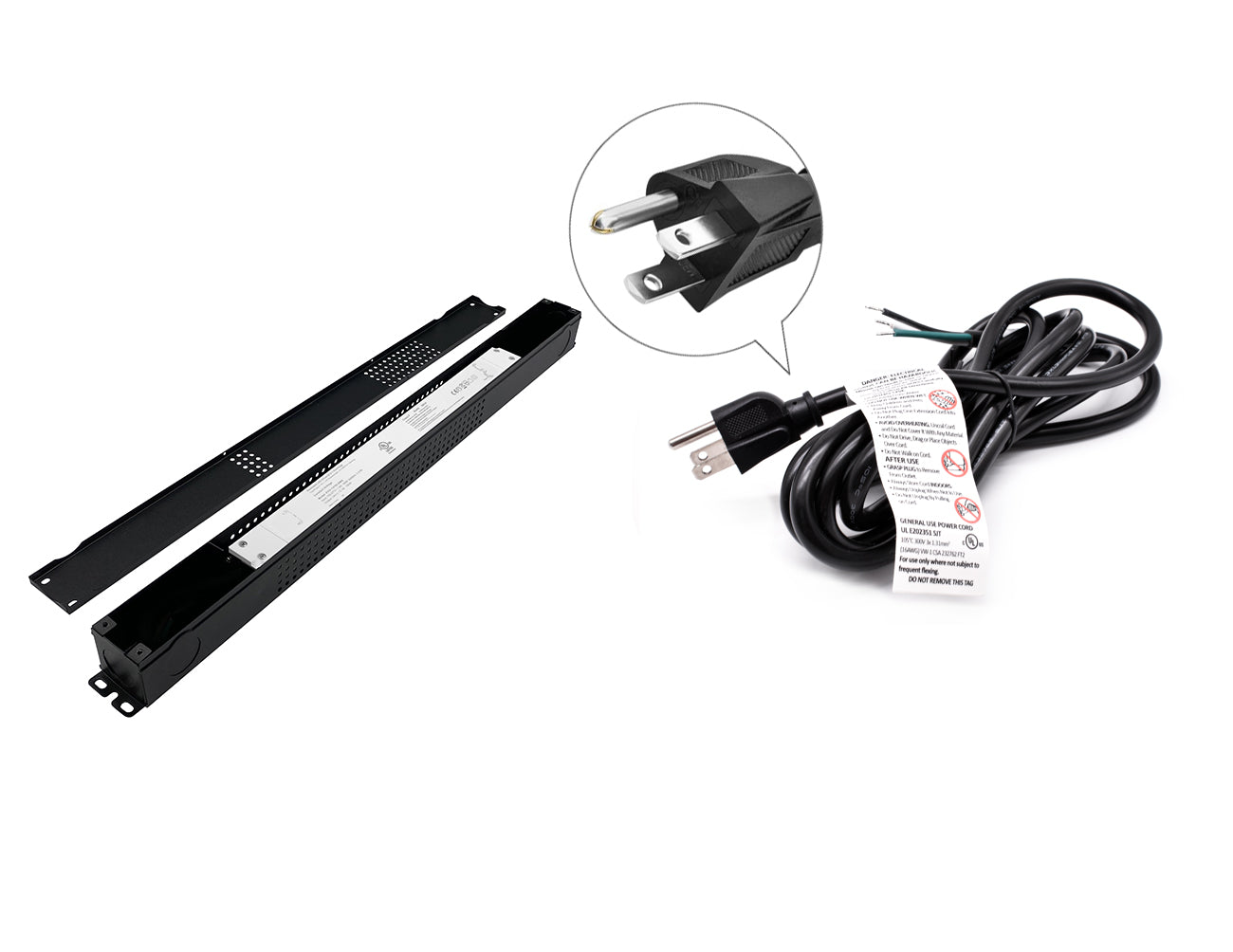 An open view of a G Slim Series 24v 150w dimmable LED driver with a three-prong power cord for line voltage.