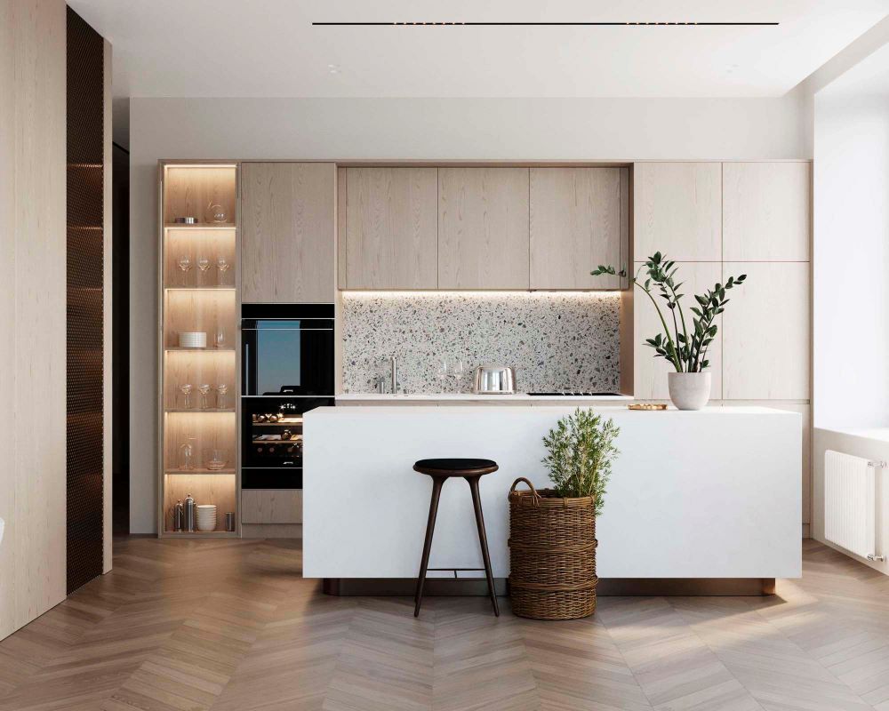 Kitchen using LED strip lights in its lighting design.