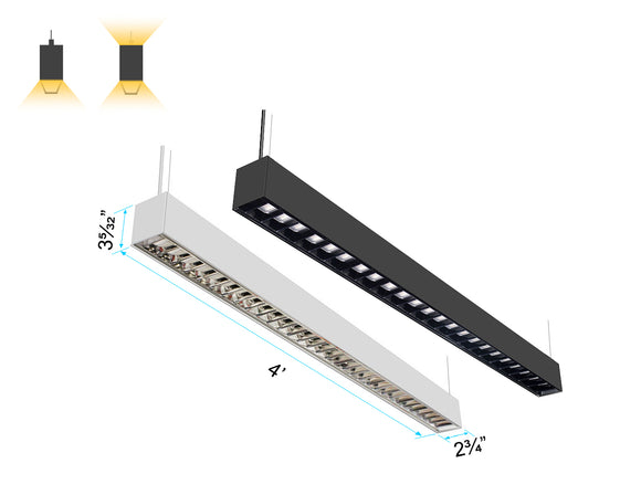 4ft L8070 architectural linear fixture equipped with Parabolic Lens for glare control, with black and white housing options.