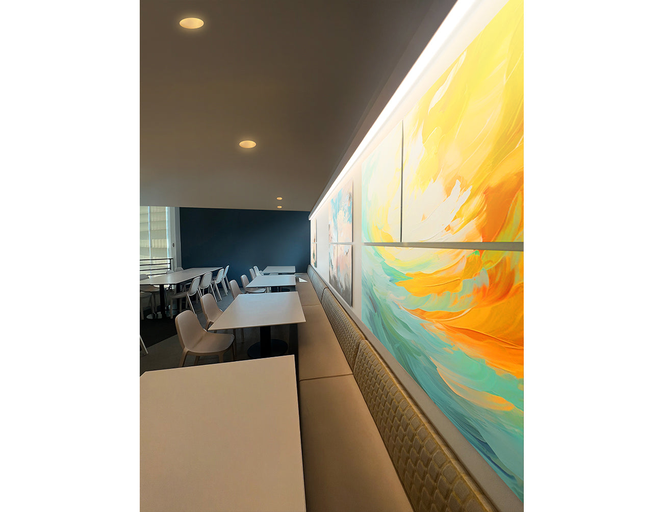 Restaurant interior wall evenly lit by LED linear lights, beautifully showcasing paintings and creating ambient atmosphere