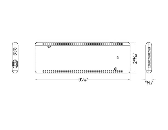 Compact LDR 24V power supply powering multiple undercabinet lights.