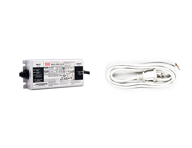 A Mean Well 100W 12VDC LED driver with a white two-prong power cord accessory.