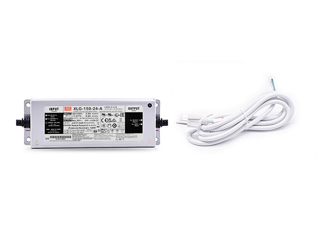 LED driver 150W 24VDC with white three-prong power cord.