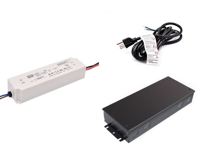 100W 24VDC LED driver with black three-prong power cord and black junction box.