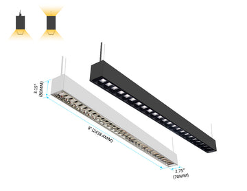 GL LED L8070 linear light in 8ft length, available in black and white finishes, with Parabolic Lens for precise light distribution.