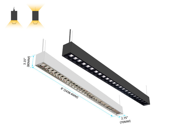 GL LED L8070 linear light in 8ft length, available in black and white finishes, with Parabolic Lens for precise light distribution.