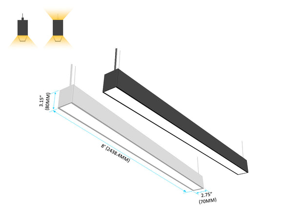 Black and white GL LED L8070 linear fixtures in 8ft size with clean up/down light output.