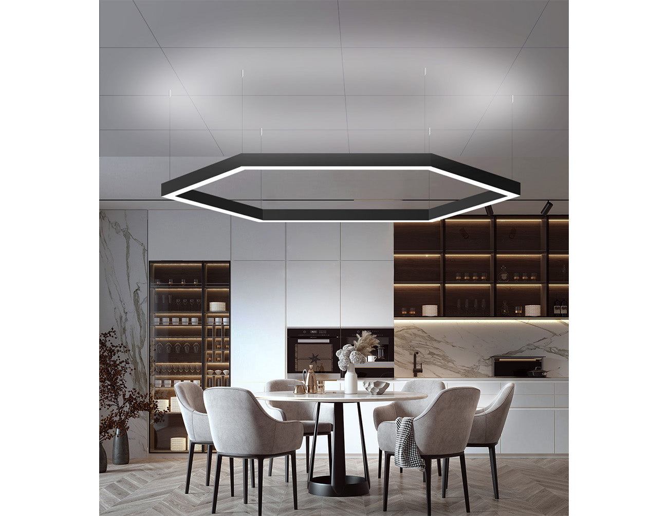 A black suspended linear light fixture formed by GL LED L8070 120° L-shaped linear light fixtures illuminate a modern dining area.