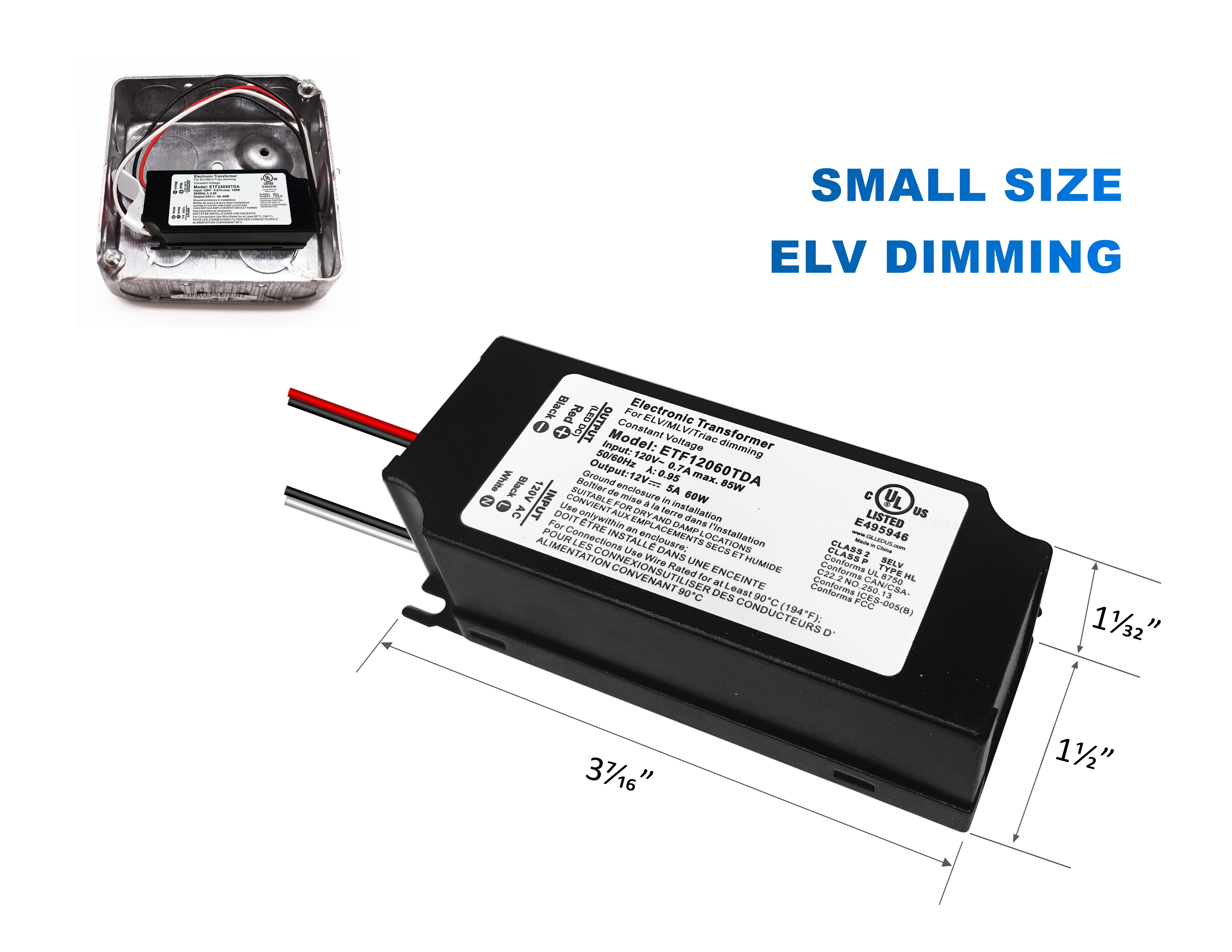 Dimensions for the dimmable MINI ETF 60W 12VDC power supply.