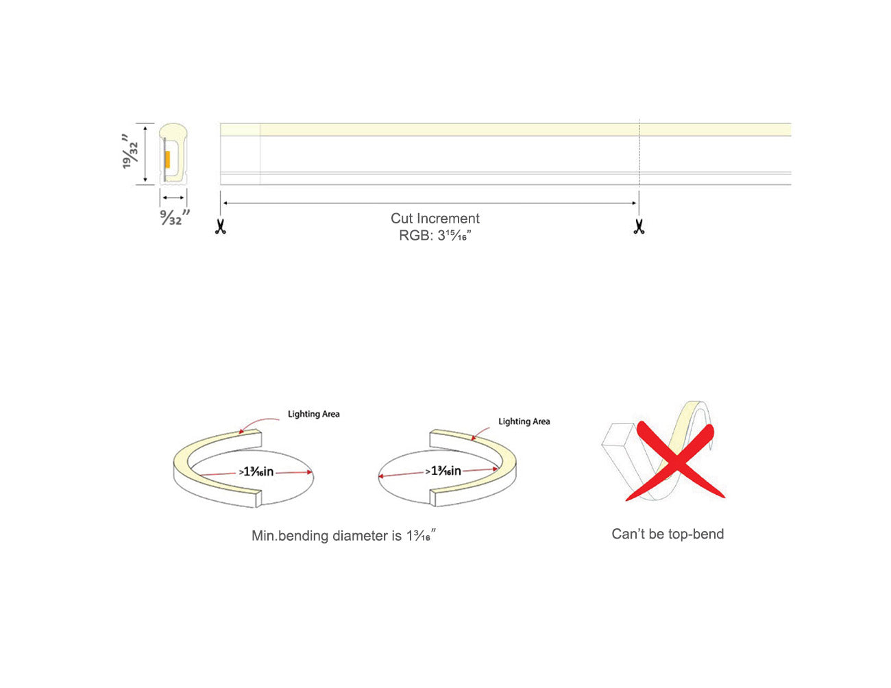 Dimensions of the LED Side Bend Neon Light WINT - Color Changing. It has a minimum bending diameter of 1-3/16".