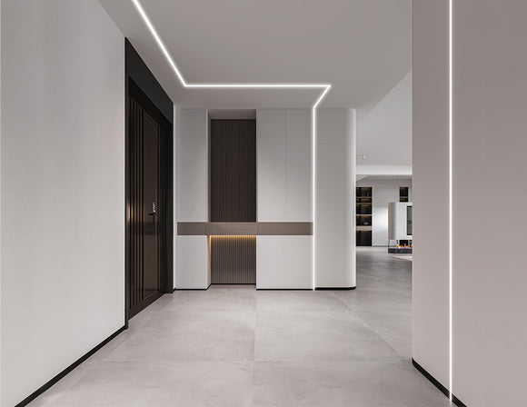 LED strip lights are used in an aluminum channel to illuminate an entrance.