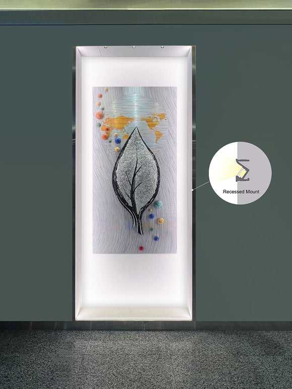 LED strip lights are used in an aluminum channel to create a unique lighting design to showcase artwork.