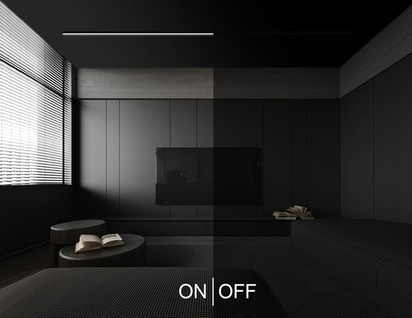 LED strip lights are used in a black aluminum channel that blends into the surroundings when off, leading to a cohesive visual interior design appearance.